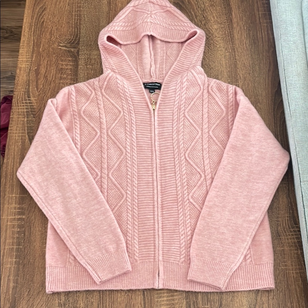 NWOT Pink Cable Knit Women's Hooded ZipUp Sweater 100%Cashmere size Small/Medium